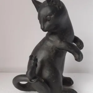 Zwarte kat met een muis op zijn staart