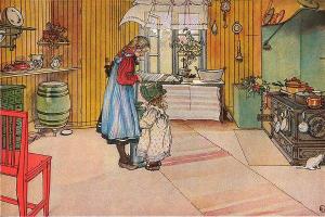 Carl Larsson (1853 - 1919 the-kitchen). Katje rechts naast fornuis.