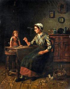 Charles Petit (- 1896 woman-and-child-at-table. Katje rechts onder