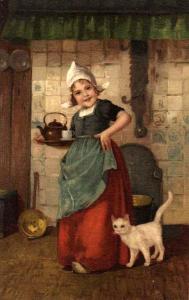 Edmond Louyot (1861 - 1920 dutch-girl-serving-tea. Witte kat rechts onder.